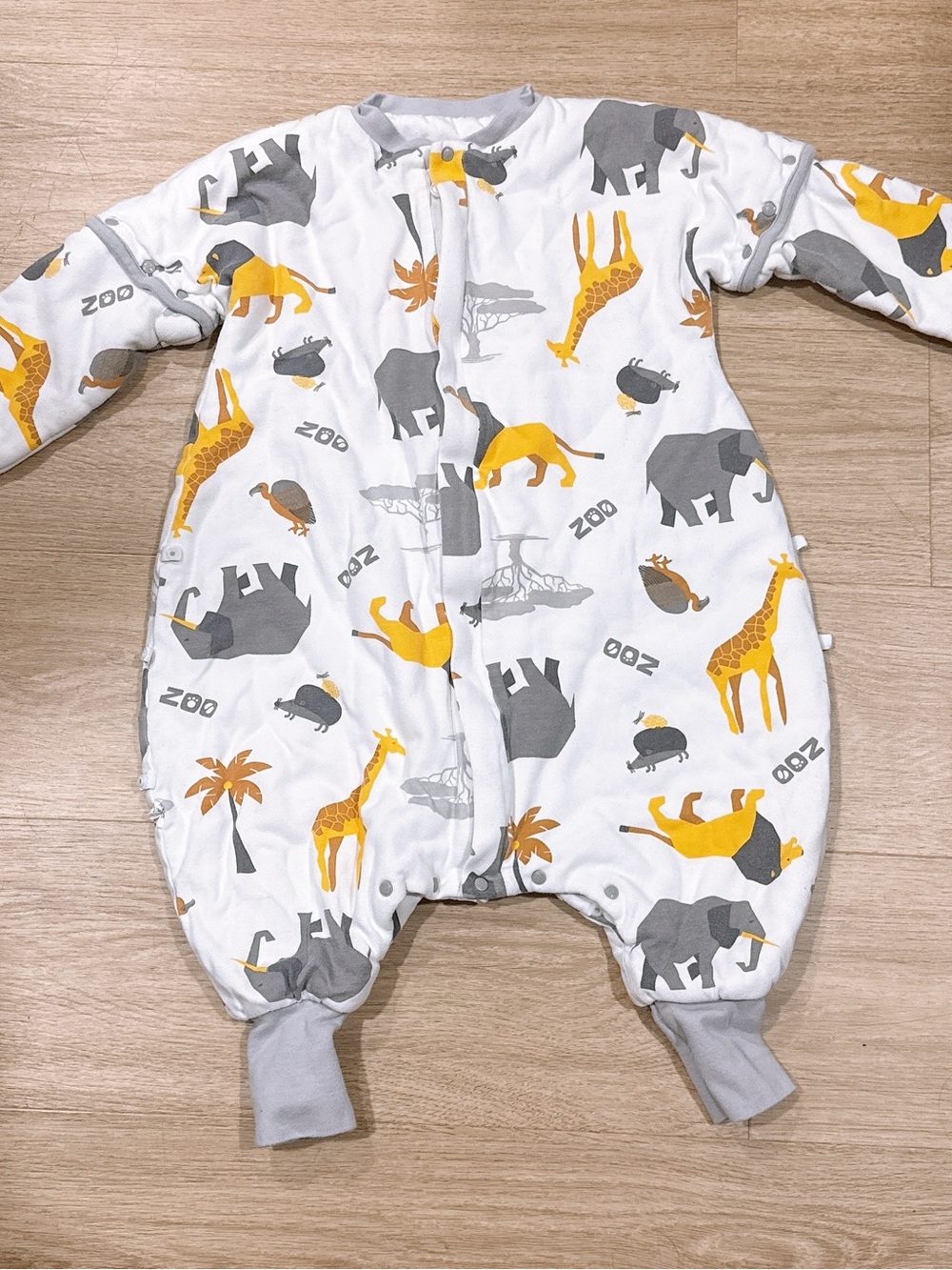 Unbranded White Baby One-Piece Sleep Romper with Yellow & Gray Safari Print